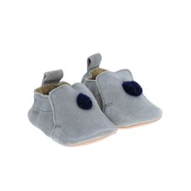 Chaussons cuir gris pompons bleu bébé