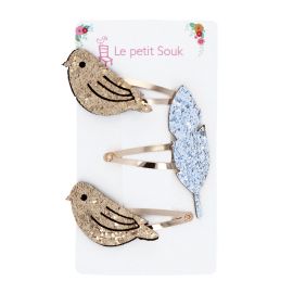 Lot de 3 barrettes oiseaux et feuille