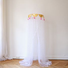 Ciel de lit tulle et sequins blanc et doré 