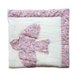 plaid fleuri rose et bleu gaze de coton